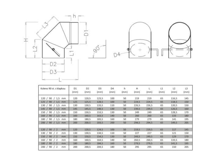 Koleno dymové HS.K 90°/120mm/1,5mm s klapkou, hrubostenné, čierne